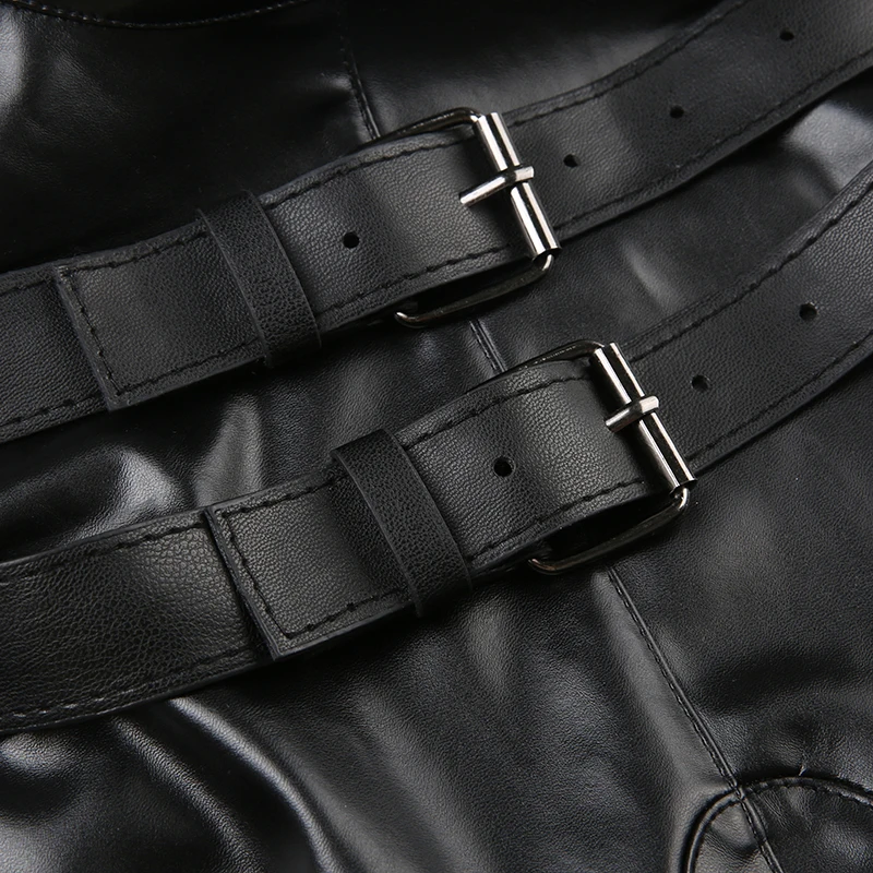 Punk High Street Women Tank Top Leather Buckle Up Sleeveless Zipper Patchwork Crop Vest Tee Hip Hop Club Lady Camis