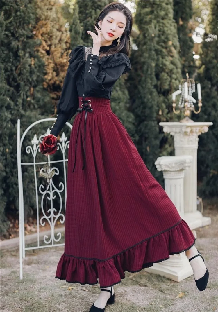 Vintage Gothic Two-Piece Skirt Sets Women Black Lace Ruffle Blouse Lace-up Midi Skirt Autumn New Court Retro Suits Y2k Outfits