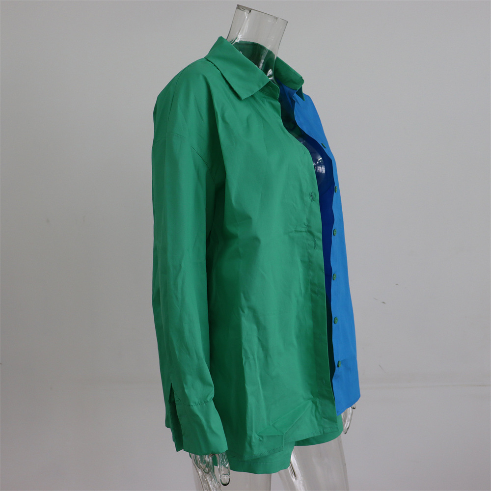 Spring Summer Two Piece Set Solid Color Single Breasted Long Sleeve Collared Shirt Shorts Loose Casual Set