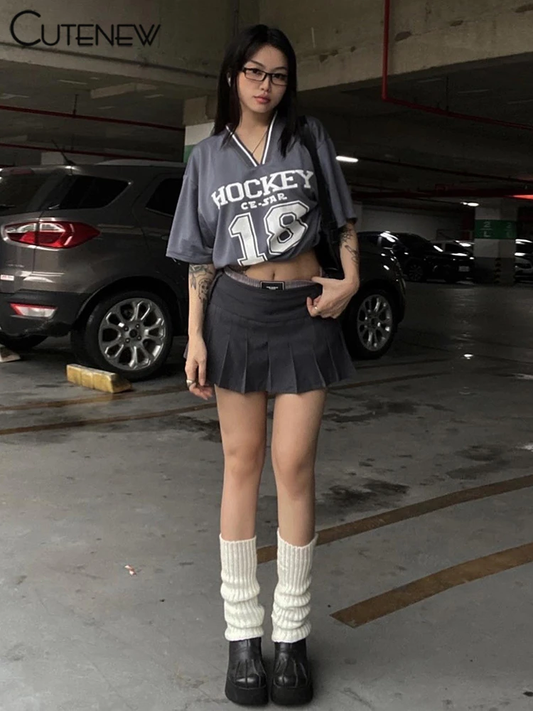 Basic Wild Women T-shirts Summer Casual Summer New Short Sleeve V-neck Loose Tees Printed Basic Female Street Sporty Top