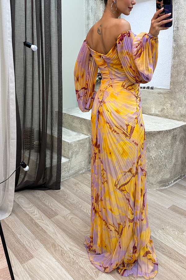 Sunset Serenade Printed Off Shoulder Embellished Pleated Slit Maxi Dress