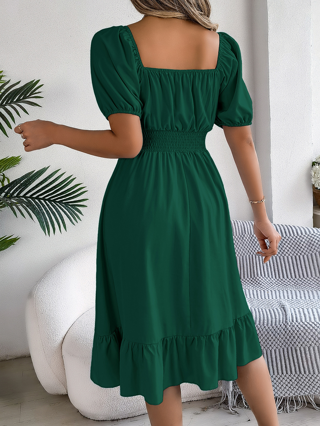 Spring Summer Casual Square Collar Short Sleeve Waist Trimming Ruffles A line Dress Women Clothing