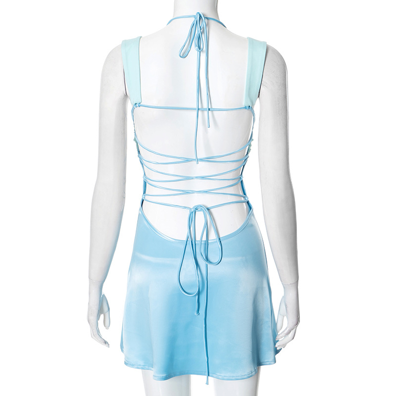 Splicing sleeveless sexy mini women's long robe satin strapless backless lace up high waisted A-line party dress