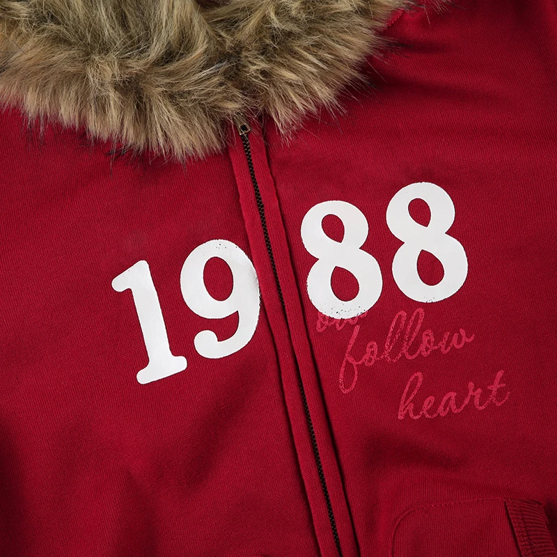 Y2K Fur Trim Hooded Sweatshirt Red Letter Print Zipper Coat with Pocket Women Streetwear Winter 90s Outwear Vintage