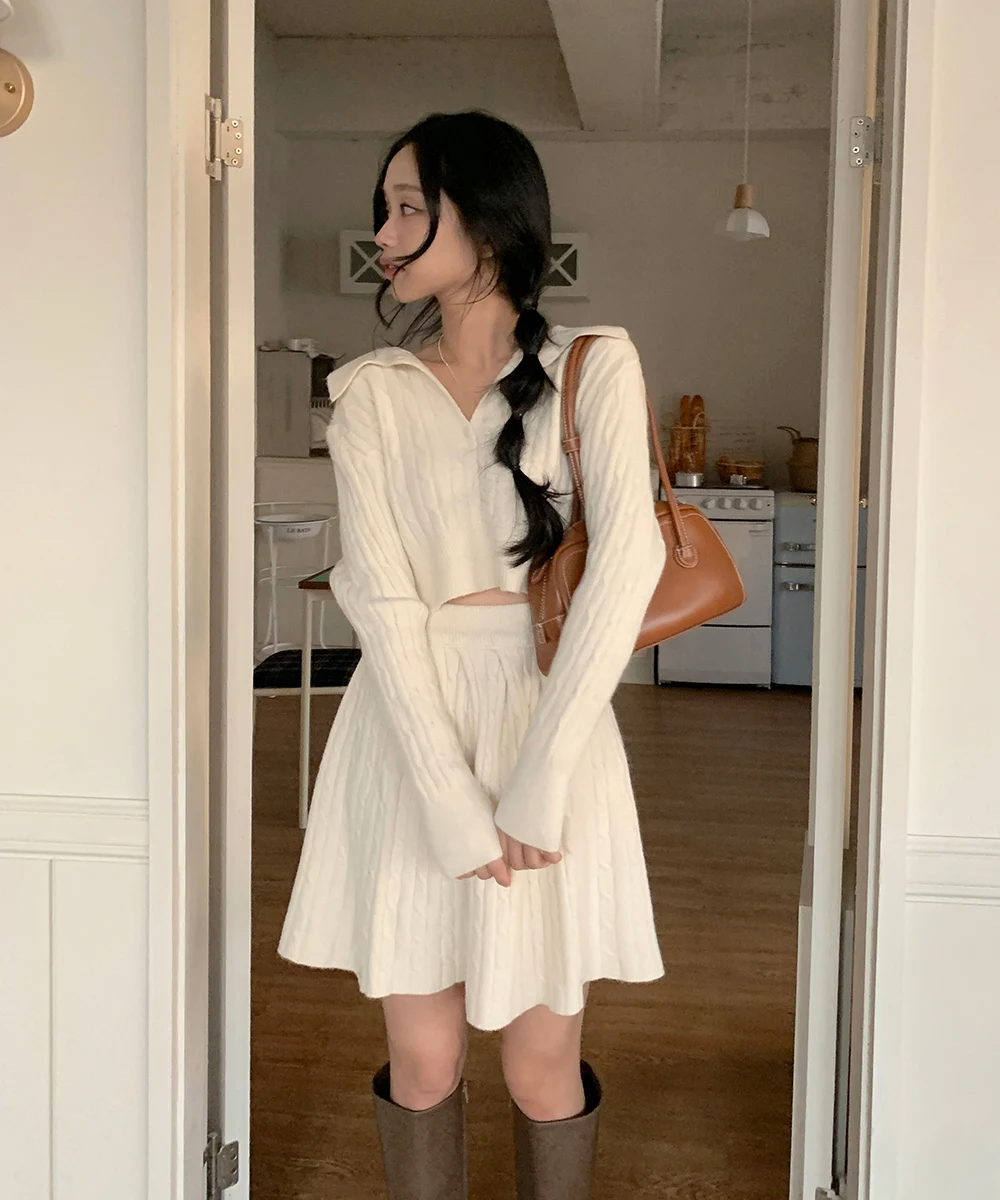 Korean Fashion Two-piece Set Women Pullover Turn-down Collar Crop Top Mini Skirt Solid Casual Suit Autumn New Knitwear Outfits