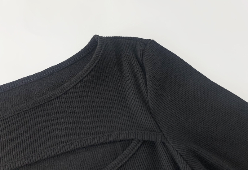 Women Clothing Autumn Winter Chest Hollow-out Long-Sleeved Top Sexy Stretch Rib T-shirt for Women
