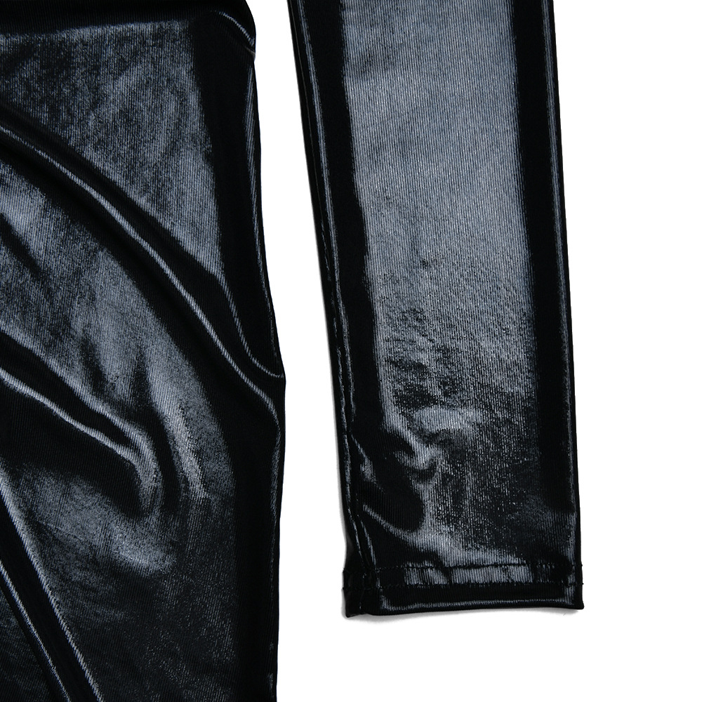 Metallic Coated Fabric Dress Sexy Glossy V neck Long Sleeve Stitching Ruffle Hip Leather Dress
