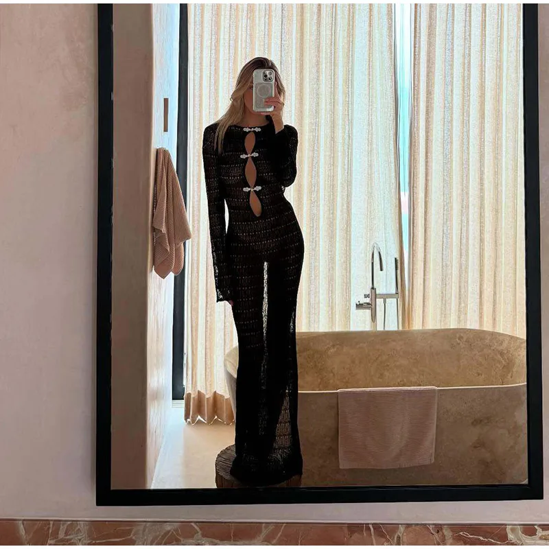 Sexy Hollow Out Knitted Maxi Dress Women Long Sleeve O-neck White Black Holiday Dresses Female 2025 Summer Lady Slim Fit Robes