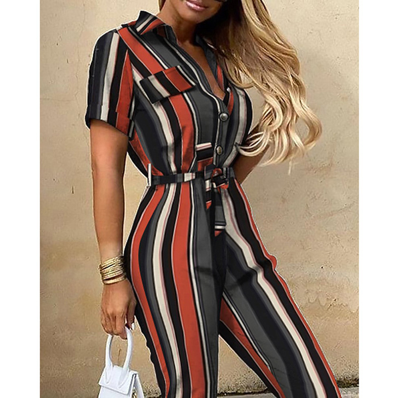 Women Clothing Trousers Casual Collared Button Printed Belt Cargo Overalls Plus size