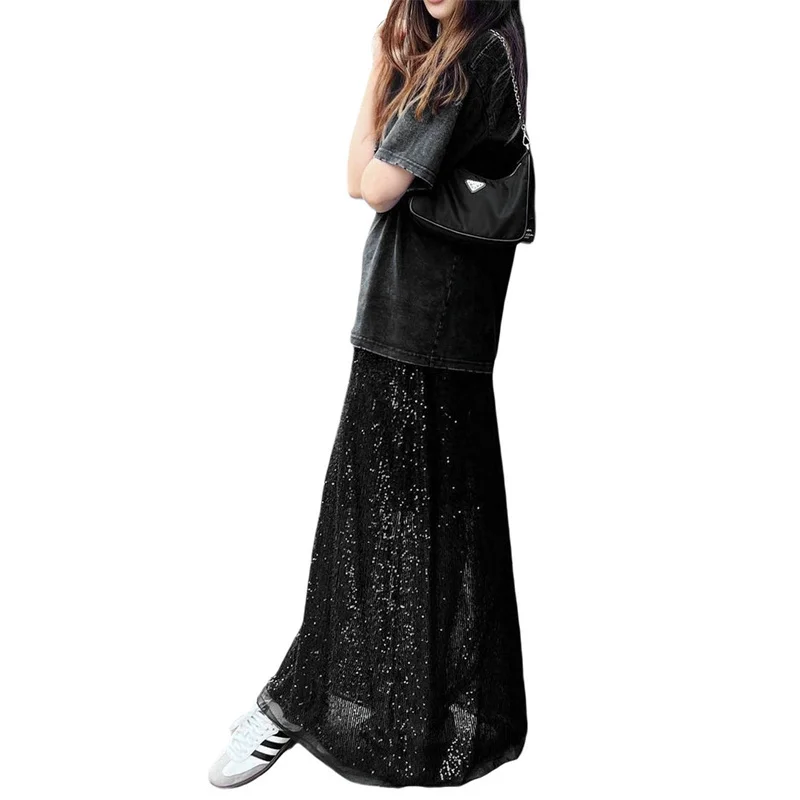 Sequin Long Skirts for Women Solid Color Elastic High Waist Skirt Fashion Elegant Ladies Evening Party Skirt Clubwear