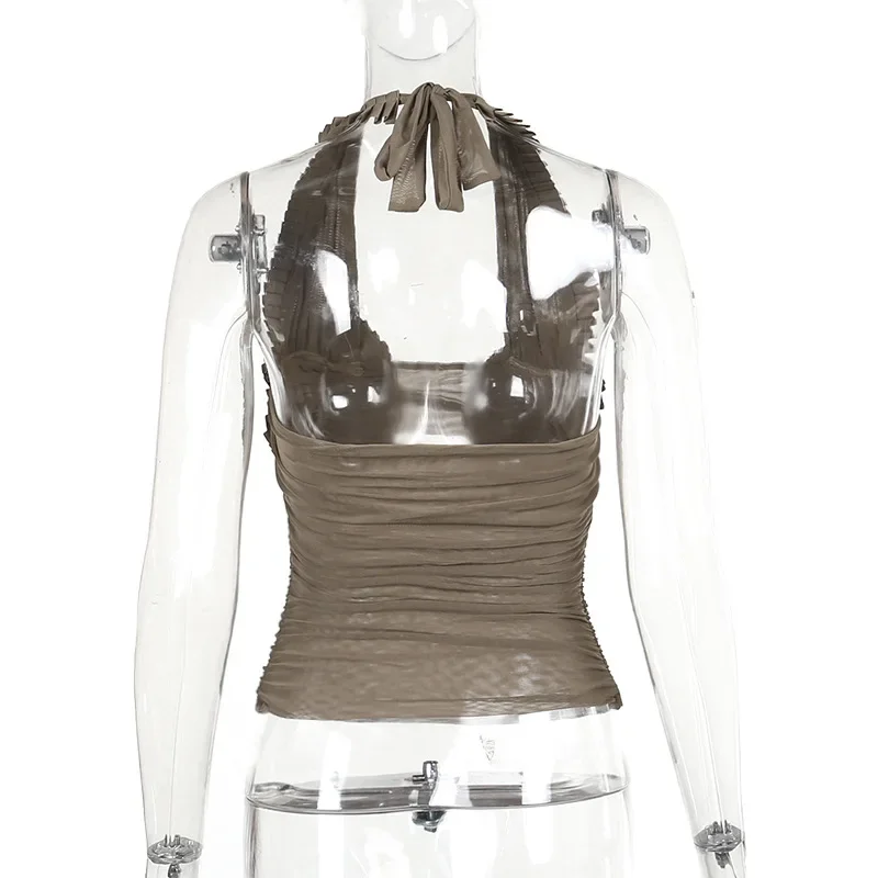 Fashion Patchwork Backless Tank Top For Women Lace-Up Sleeveless See-Through Mesh Hollow Out Pleated Y2k Top Vest Summer