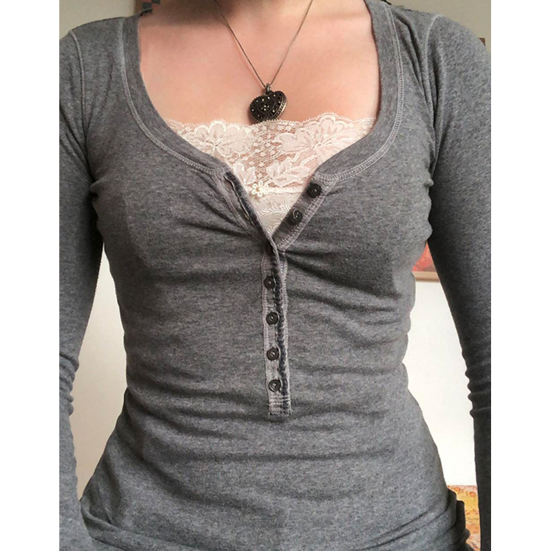 y2k Fairy Grunge Tops Women Button Lace Patchwork Long Sleve T Shirt Autumn Basic Pullovers Retro Aesthetic Clothes