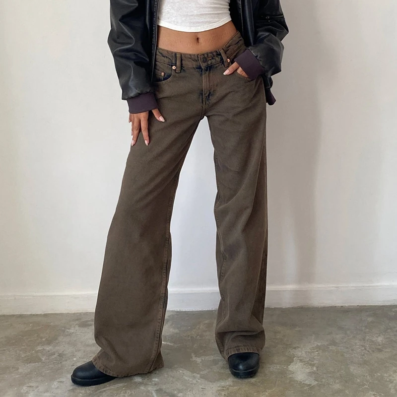 Women Y2K Aesthetic Low Rise Baggy Jeans Loose Fit Boyfriend Straight Wide Leg Jeans Trendy Stretch Long Denim Pants Trousers