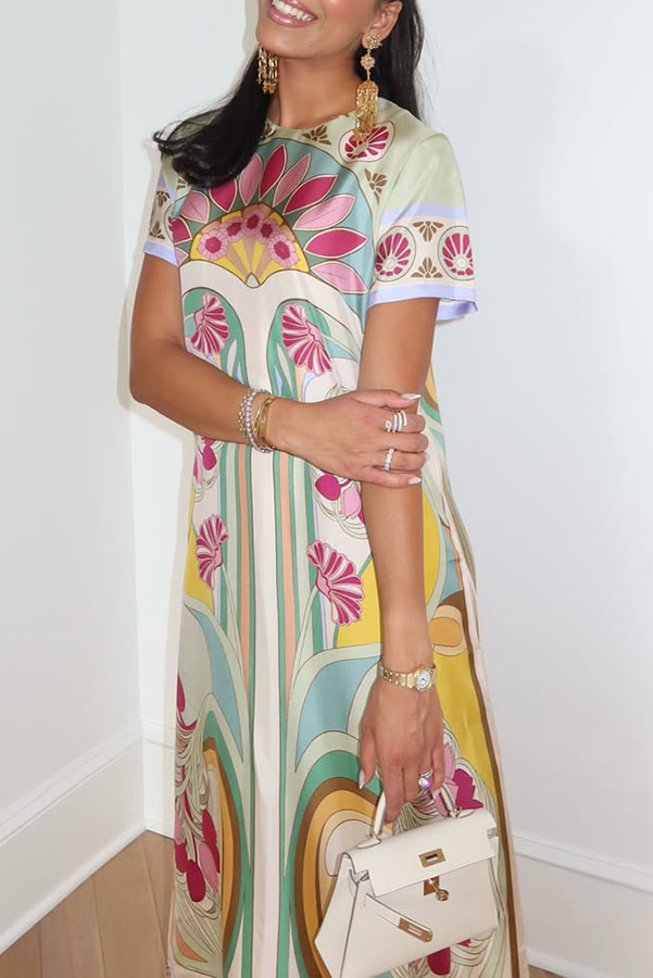 Jazlynn Satin Colorful Baroque Style Printed Short Sleeve Feather Trim Maxi Dress