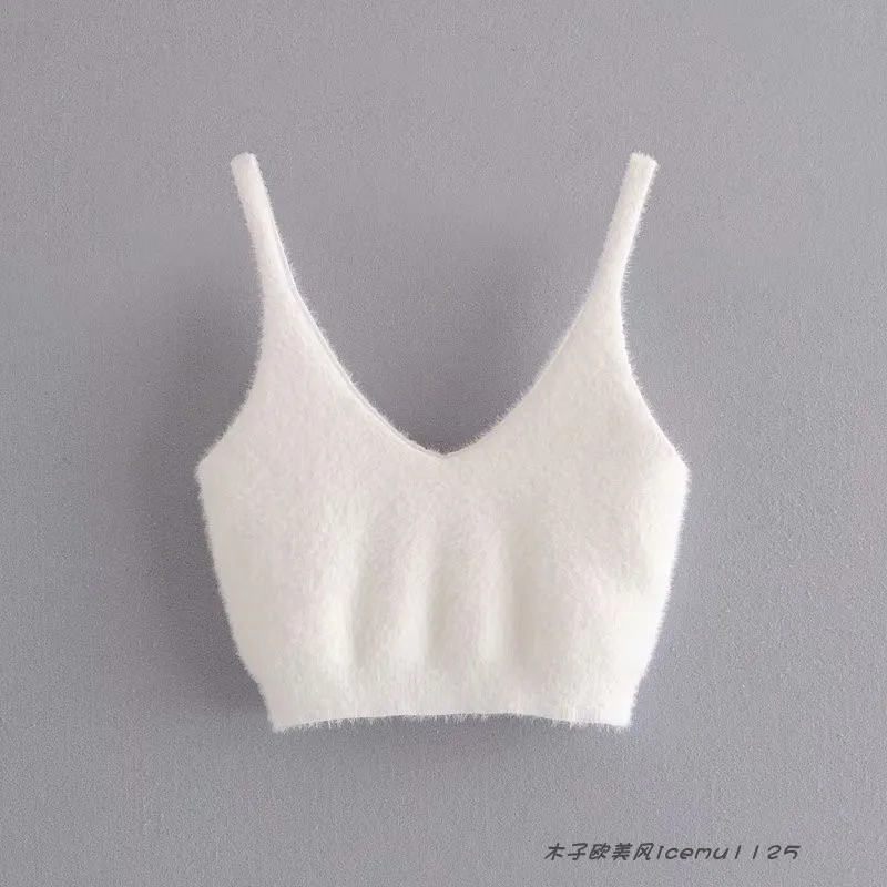 Women's 3-piece Set Korea Style White Cardigan Furry Single-breasted Button Tank Top Knitted Sweater Jumper Shorts Pants Set