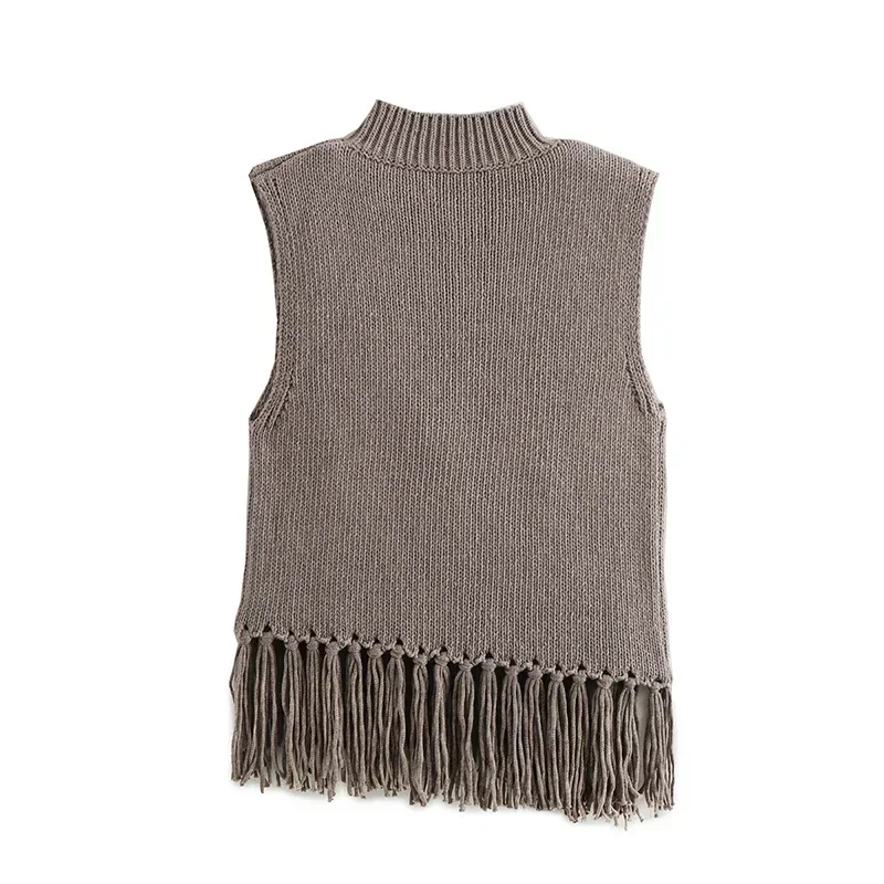 Street Tassel Knitted Vest Sweater For Women Half-high Collar Sleeveless Slim Fit Tank Top Female 2025 Spring Lady Soft Outwear