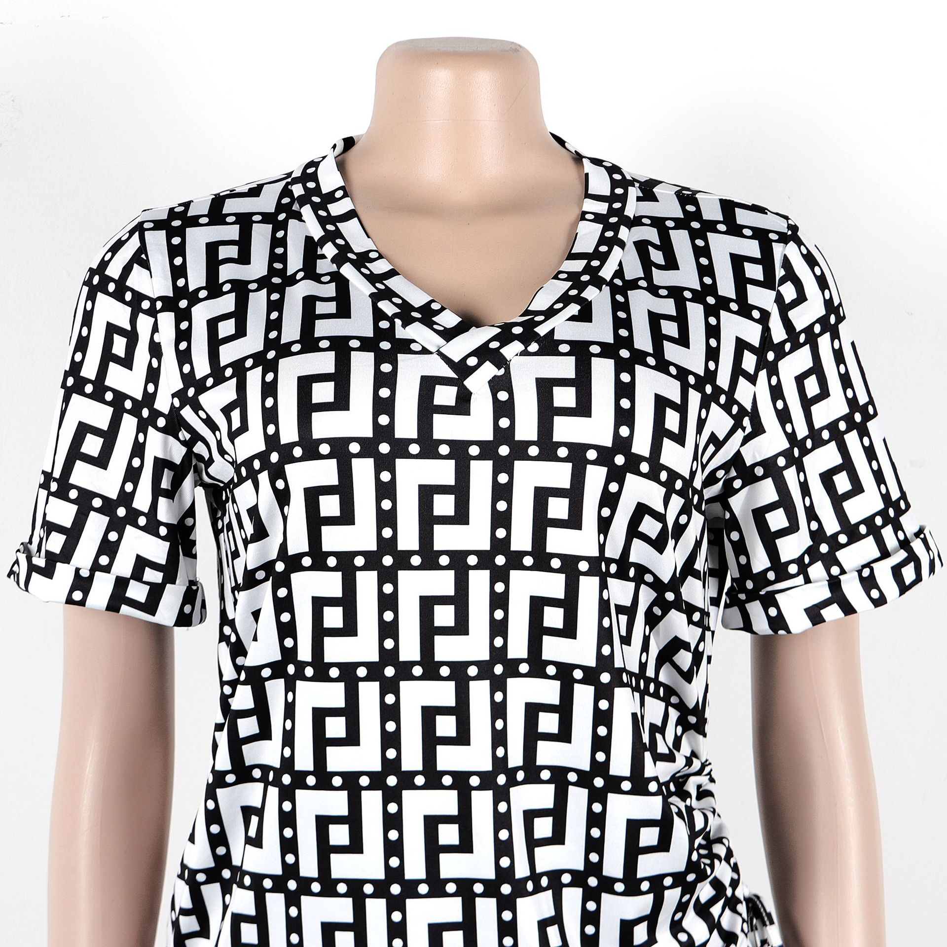 Women Printed V neck Pleating Wide Leg Pants Two Piece Set