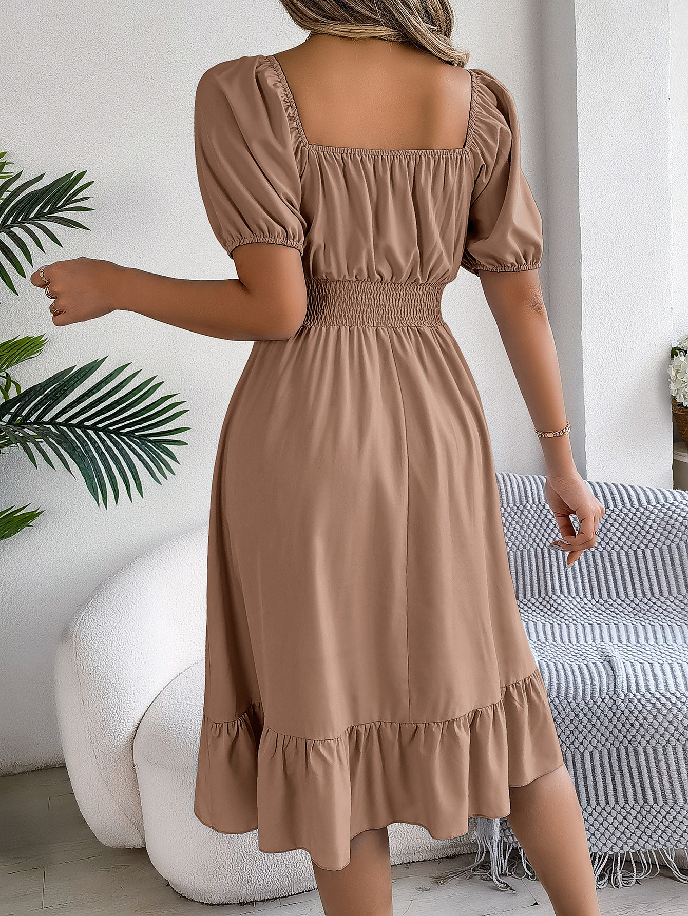 Spring Summer Casual Square Collar Short Sleeve Waist Trimming Ruffles A line Dress Women Clothing