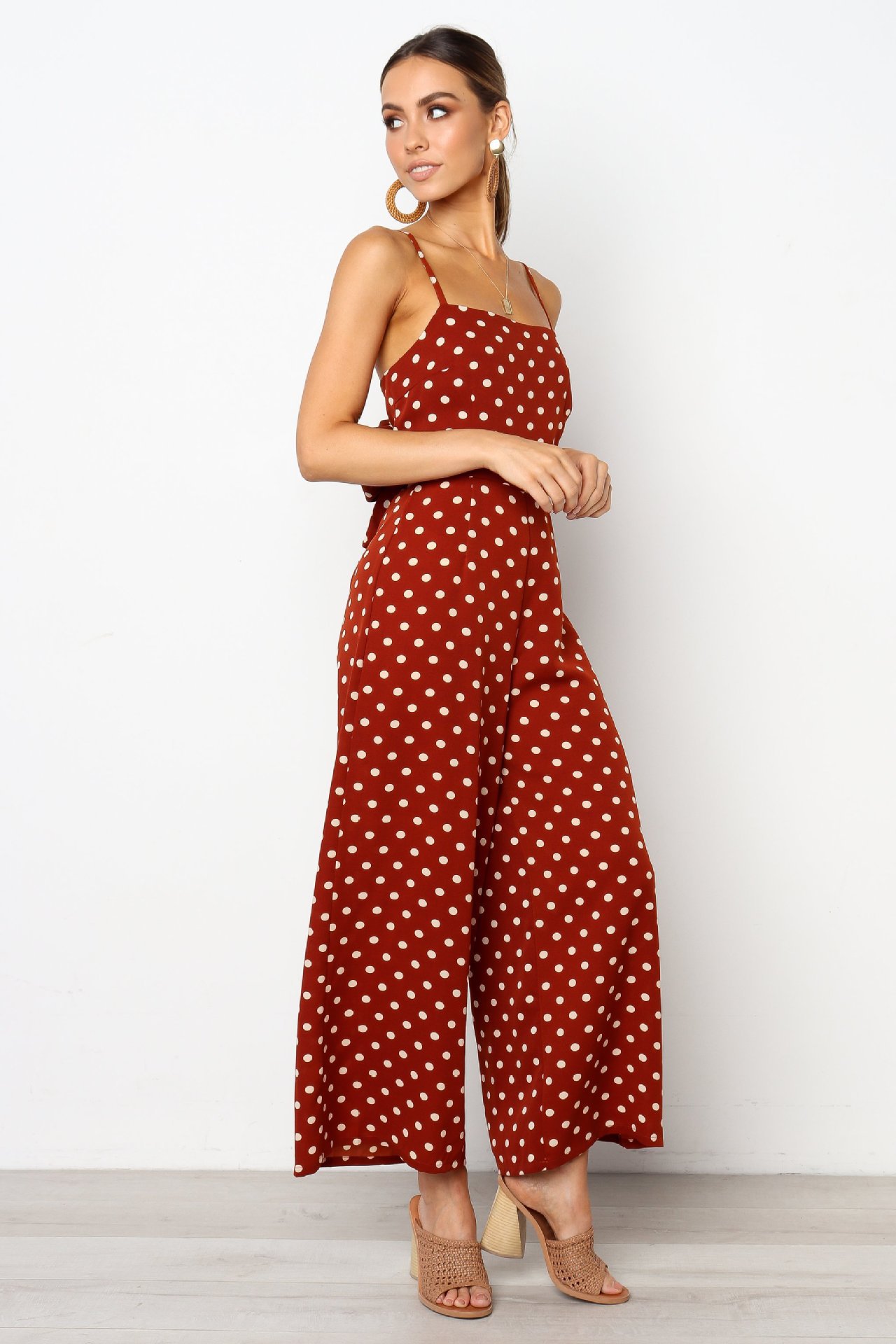 Women Clothing Polka Dot Brace Sleeveless Lace up Casual Wide Leg Loose Vest Jumpsuit Trousers