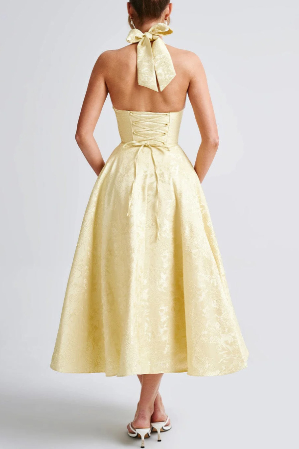 Stylish Jacquard Halter Neck Fitted Waist Open Back Elegant Midi Dress