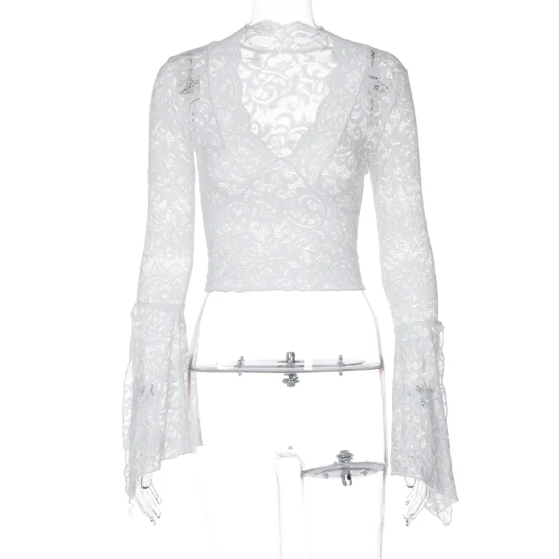 Lace See-Through Sexy Y2k Top T-shirt Women V-Neck Patchwork Hollow Out Fashion Cropped Top Night Club Clothes Crop top