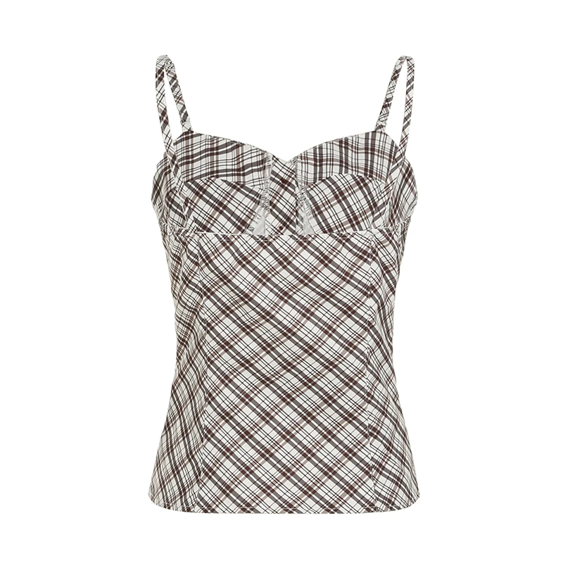 Y2K Women Plaid Vest Sweet Style Retro Buttons Slit Hem Camisole Aesthetic Chic Fashion Tank Top Summer Outfits 2025