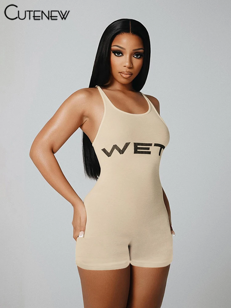 Letter Print Playsuits Women Concise Casual Summer Tank Style O-neck Slim Rompers Female Sporty Style Basic One Piece