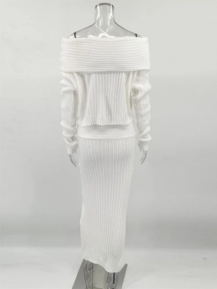 Knitted Skirt 2 Piece Set Women's One-Shoulder Long Sleeves Sweater Pullover Elegant Slim Fit Long Skirt Suit Autumn New