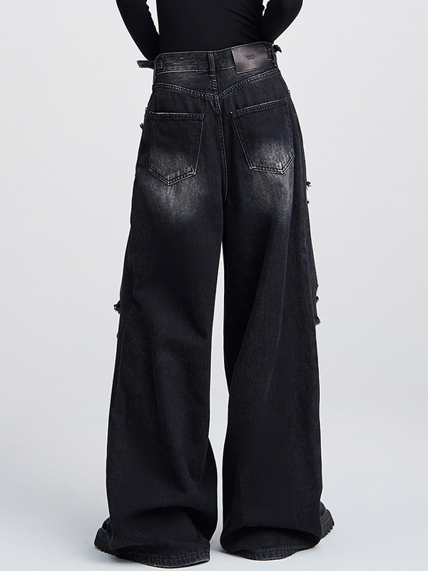 Loose high-waisted versatile straight leg Ripped Jeans