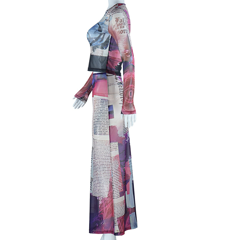 Sexy See through Mesh Suit round Neck Print Long Sleeves Short Top Sheath Slim Fit Skirt Two Pieces Women