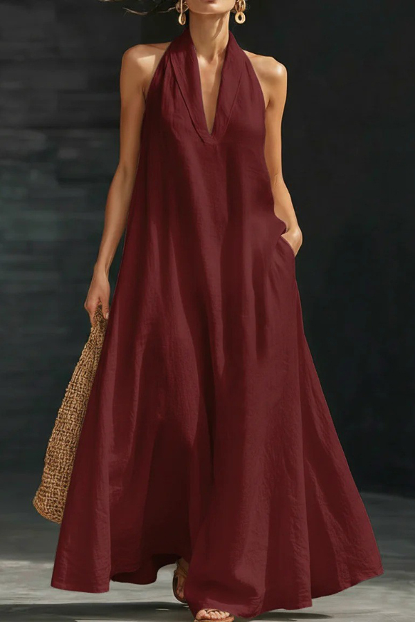 Linen Blend Solid Color Loose V-neck Pocket Casual Maxi Dress