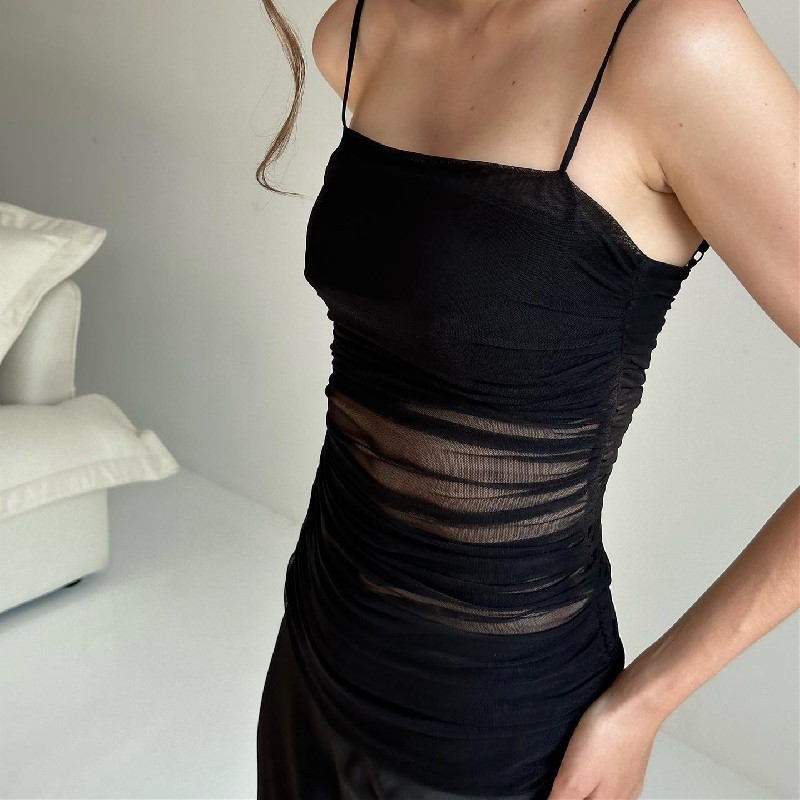 Women Summer Sexy Mesh Stitching Cami Dress Slim-Fit Long Pure Dress for Women