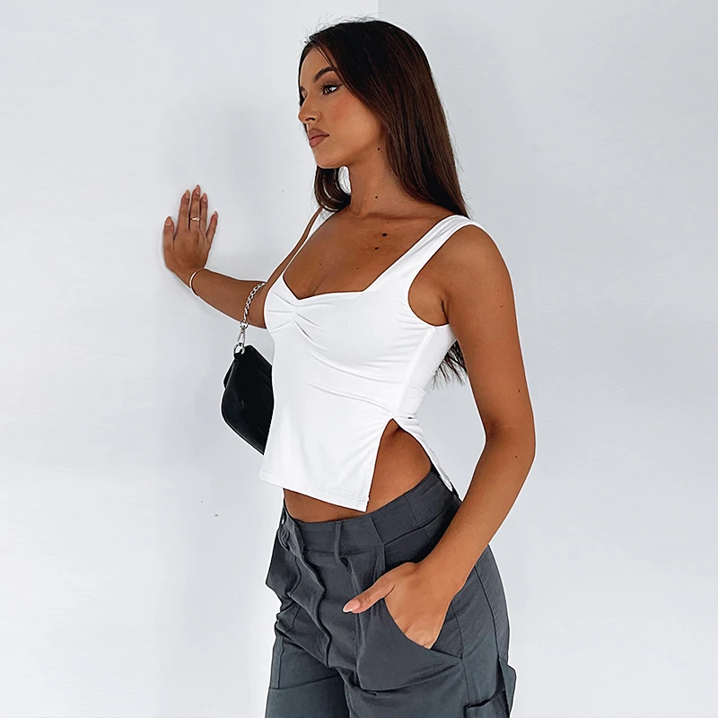 Square Collar Tank Women Slim Split Crop Tops Chic Backless Sleeveless Casual Camis Summer 2025 Y2K Double Layer