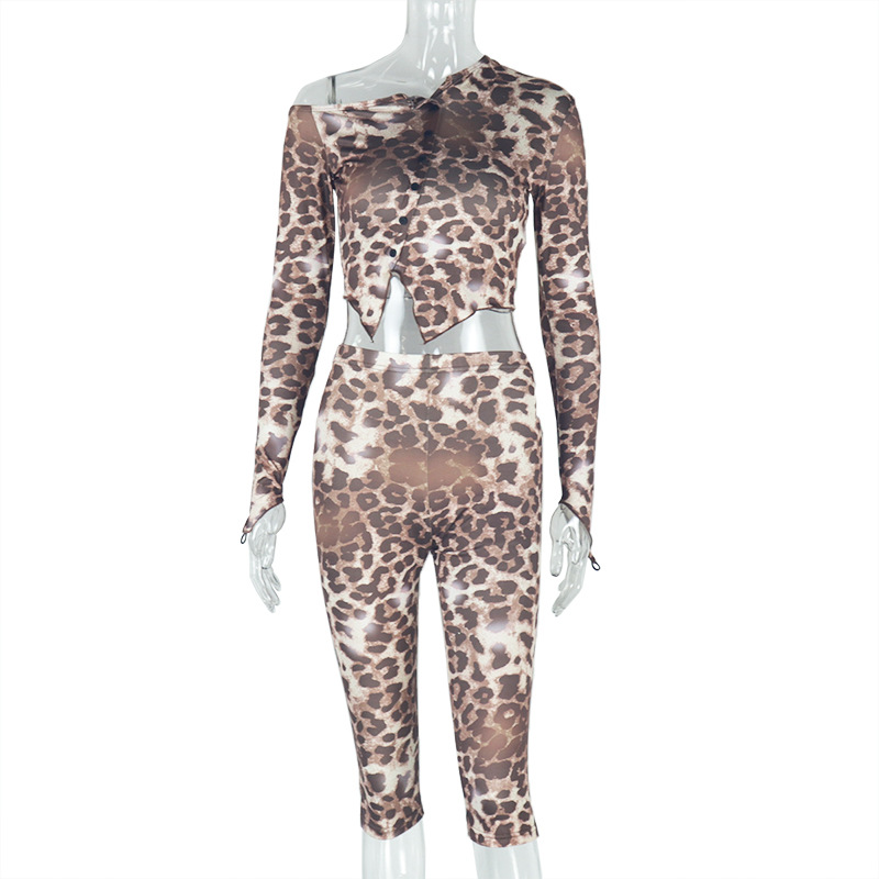 Women's Wear Leopard Print Micro Transparent Blouse Pants Asymmetric off Shoulder Long Sleeve Top Short Pants Two Pieces