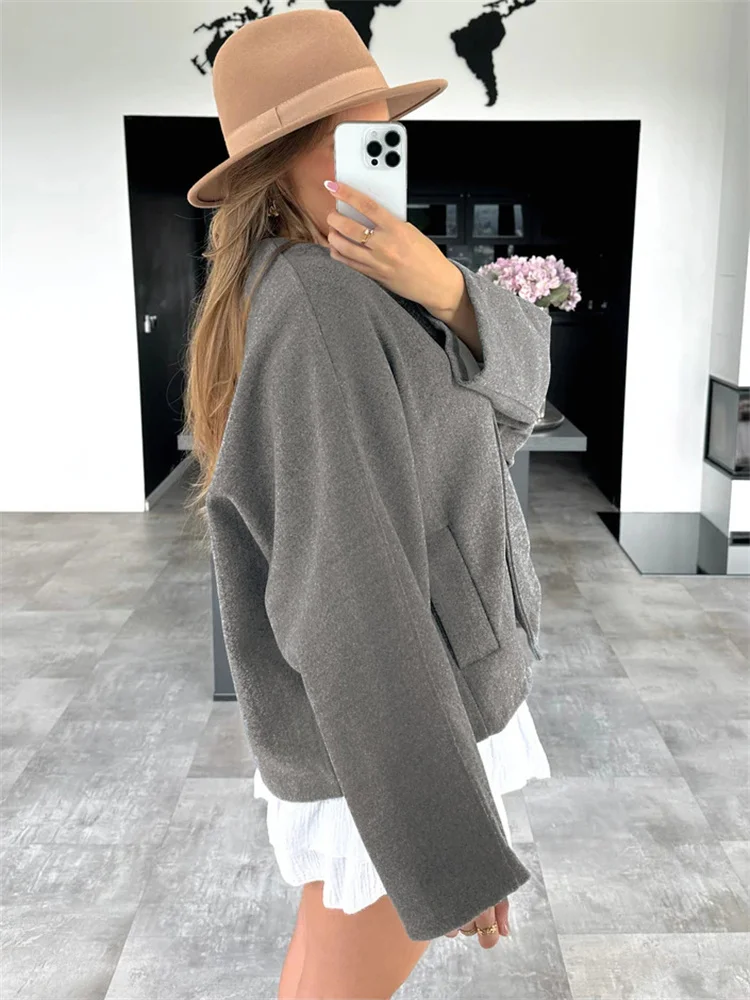 Female Autumn Commute Outwear Pocket Fashion V-Neck Long Sleeve Patchwork Streetwear Solid Cropped Coat Ladies Jacket New