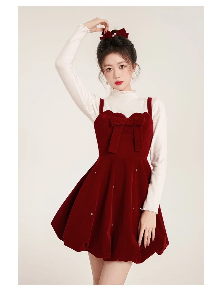 Christmas Two-piece Dress Set Women Solid Sweater A-line Velvet Sleeveless Short Dress Korean Fashion Female Autumn New Outfits