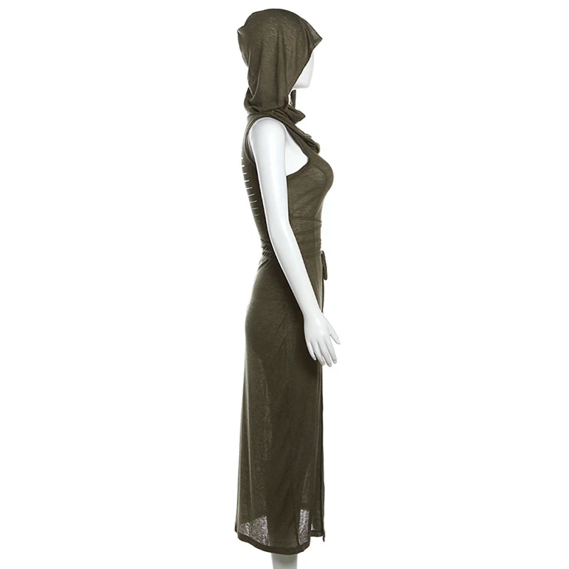 Grunge Dress y2k Women Clothes Solid Color Sleeveless Hollow Out Back Slit Hooded Dress 2000s Halloween Party Dresses