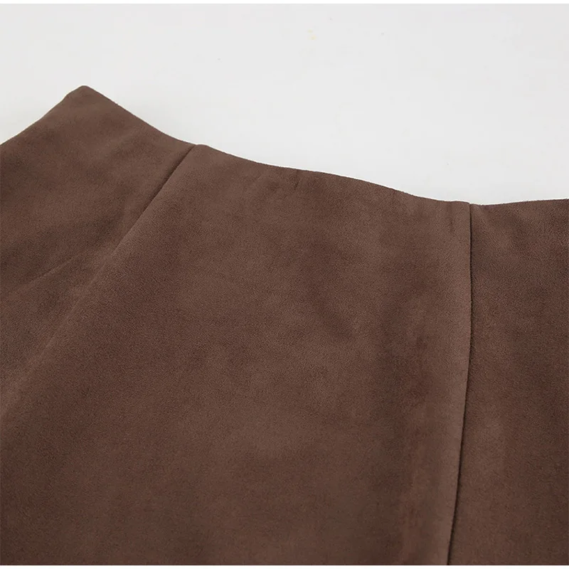 Vintage Suede Brown Skirts Women Fashion Pleated Slim Zipper Office Lady Skirts Elegant Female High Waist Party Wear New