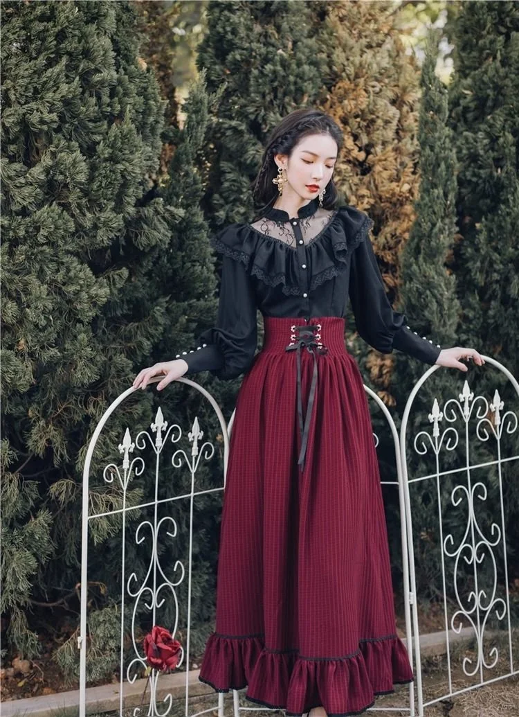Vintage Gothic Two-Piece Skirt Sets Women Black Lace Ruffle Blouse Lace-up Midi Skirt Autumn New Court Retro Suits Y2k Outfits