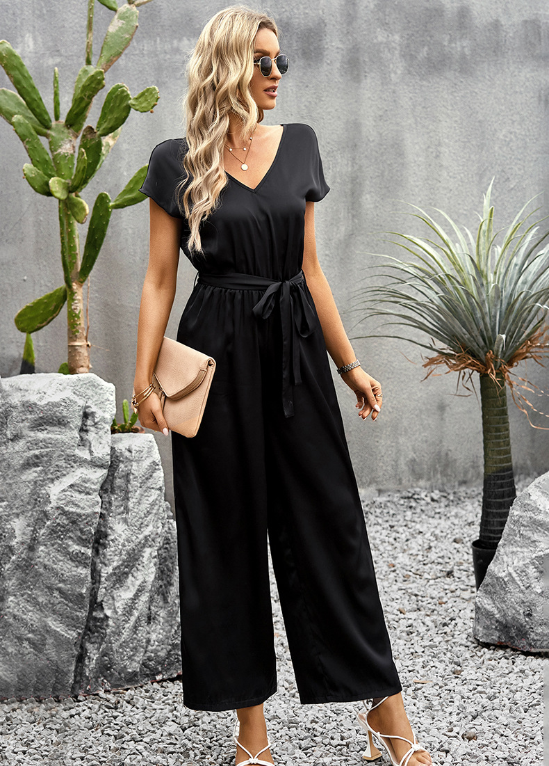 Solid Color Jumpsuit Women Summer Office Loose Fitting Wide Leg Trousers