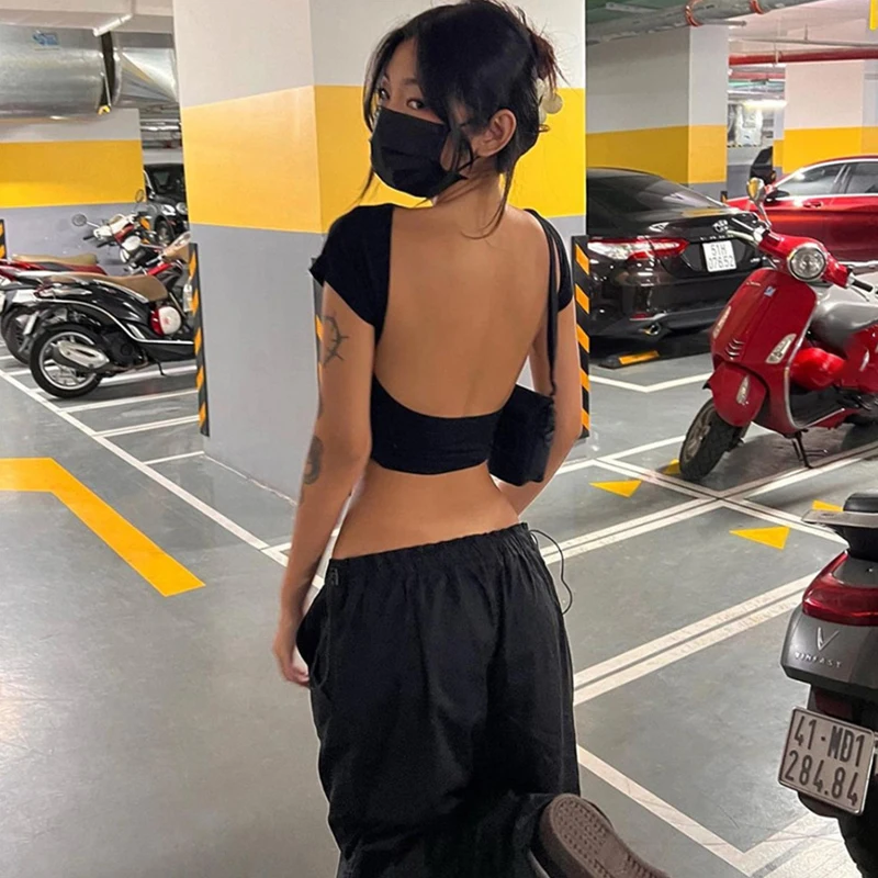 y2k Sexy Backless Crop Top Women Solid Color Round Neck Short Sleeve T Shirt 2000s Baby Tees Skinny Clothes Streetwear