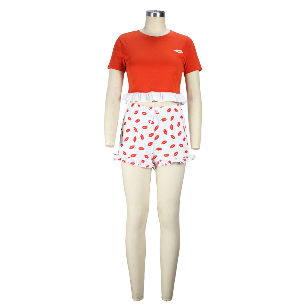 Women Clothing Summer Lace Color Matching Short-Sleeved T-shirt Women Lip Printings Slim Two-Piece Set Romper