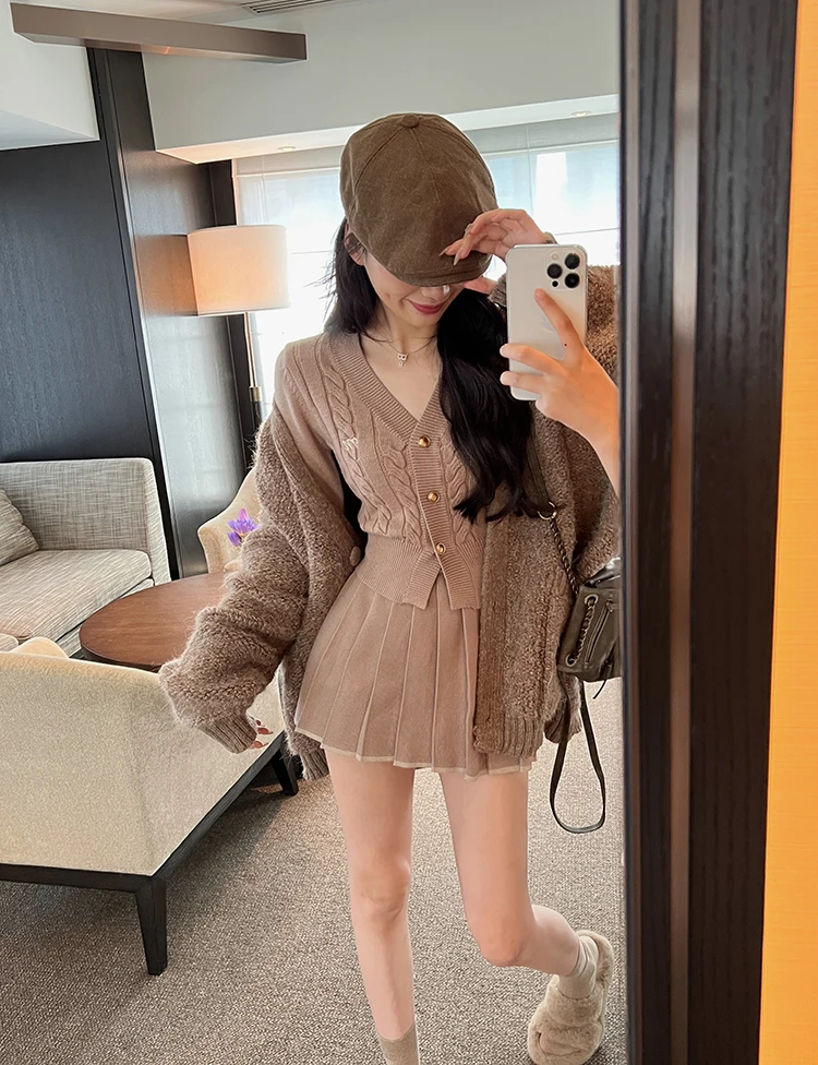 Autumn Knitted Two Piece Skirt Set Women Long Sleeve Single Breasted V-neck Top Mini Pleated Skirt Korean Chic Female Outfit New