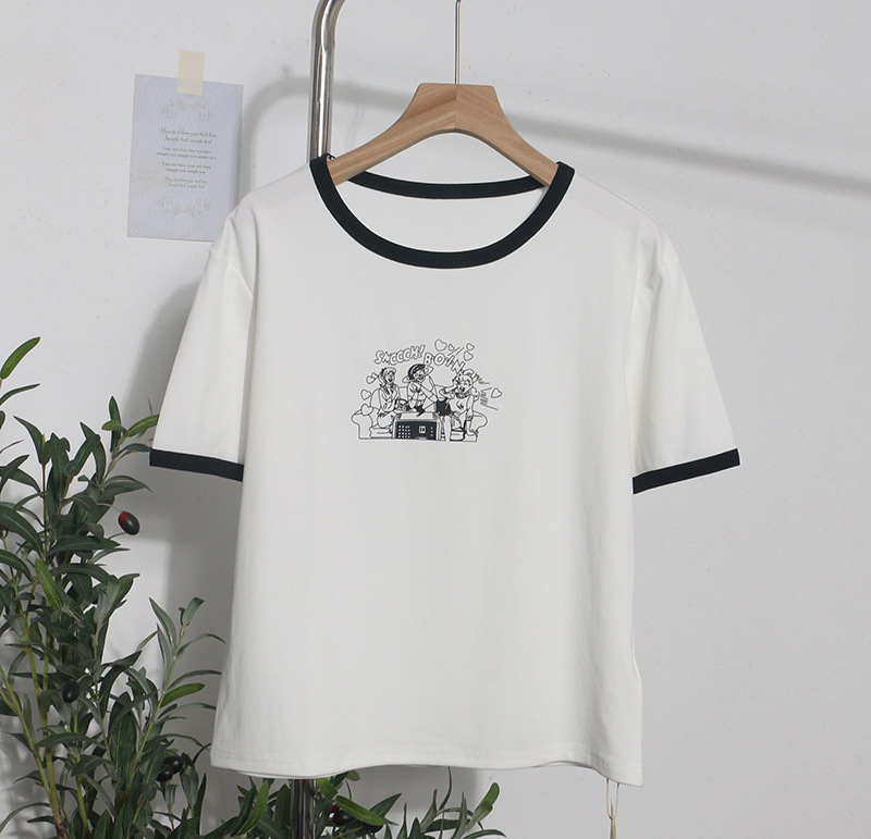 Real Shot Loose Slimming Printed round Neck Contrast Color Short Sleeve Casual Bottoming Shirt Top T shirt