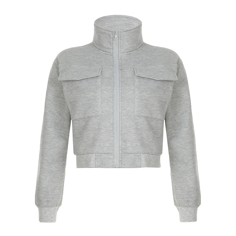 Women Pocket Sweatshirt Casual Solid Color Zipper Crop Jacket Autumn Outfits Turtleneck Fashion Y2K Coat Streetwear