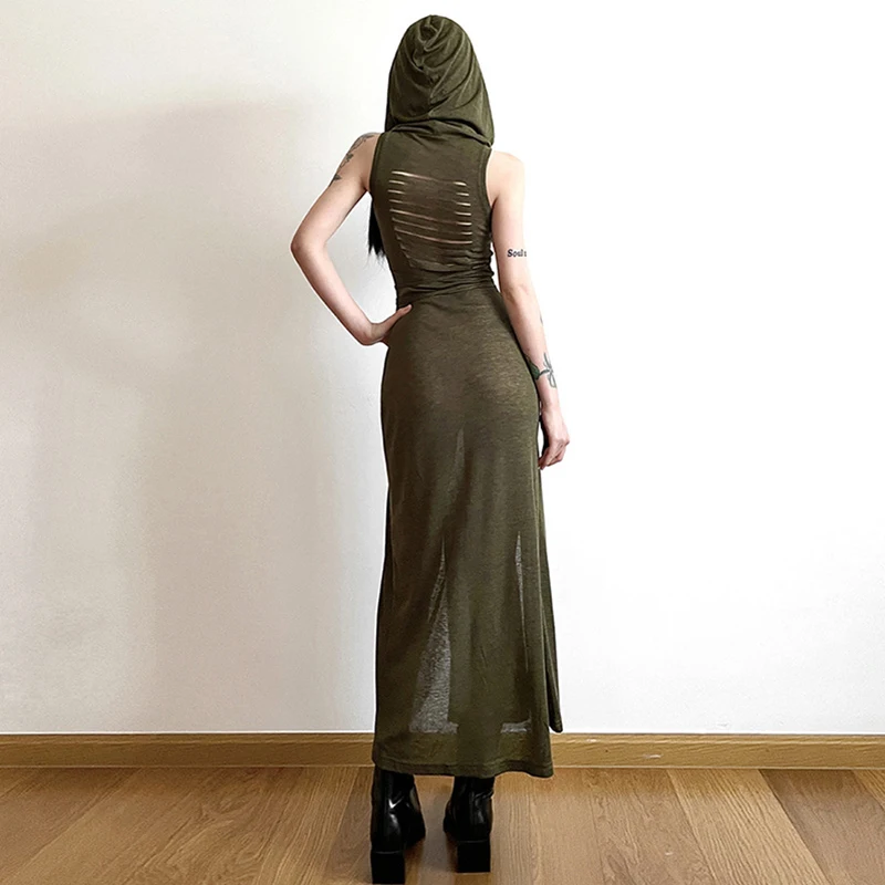 Grunge Dress y2k Women Clothes Solid Color Sleeveless Hollow Out Back Slit Hooded Dress 2000s Halloween Party Dresses