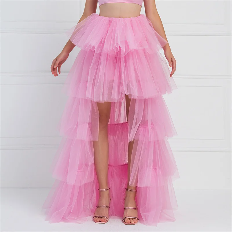 Tulle Skirts Women y2k Solid Color Elastic High Waist Asymmetrical Hem Long Skirts Summer Evening Party Skirt Clubwear