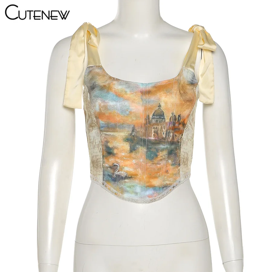 Y2K Vintage Aesthetic Printing Crop Tops Women's Clothes Summer Sexy Bandage Tank Top Skinny Clubwear Camisole Hot Deals