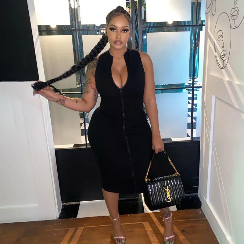 Sexi Night Dress Hot Club Outfits Women One Piece Aesthetic Clothes Sleeveless Bodycon Vestidos De Mujer Zipper Black Streetwear