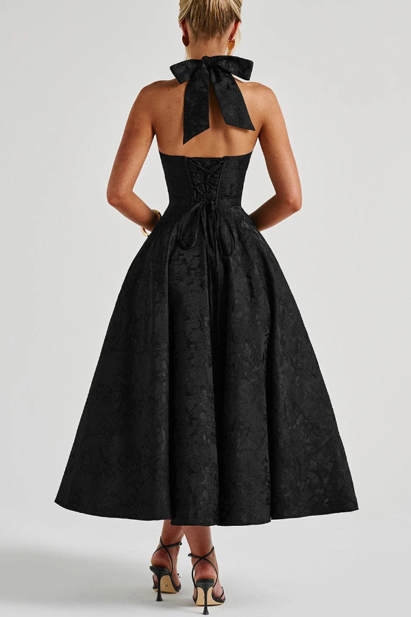 Stylish Jacquard Halter Neck Fitted Waist Open Back Elegant Midi Dress
